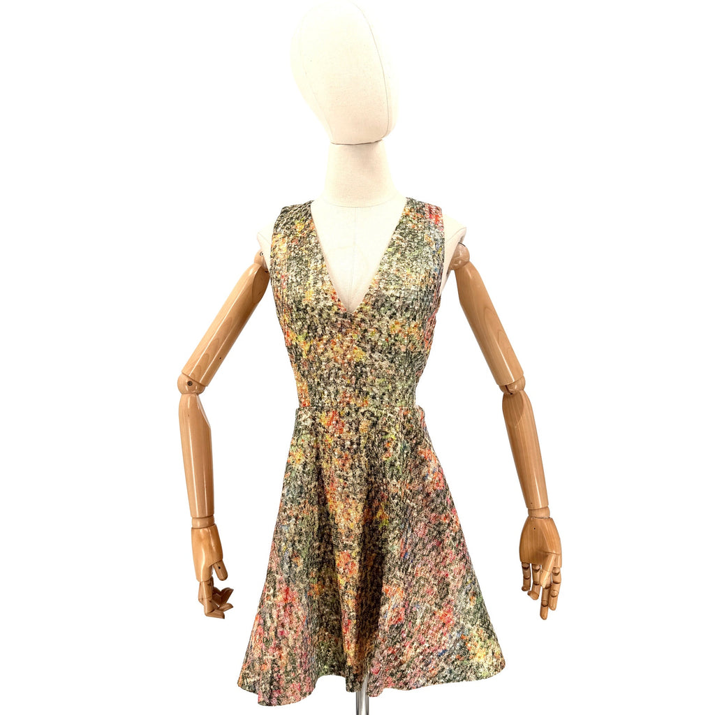 Alice + Olivia Gold Green Brocade Cutout Skater Mini Dress