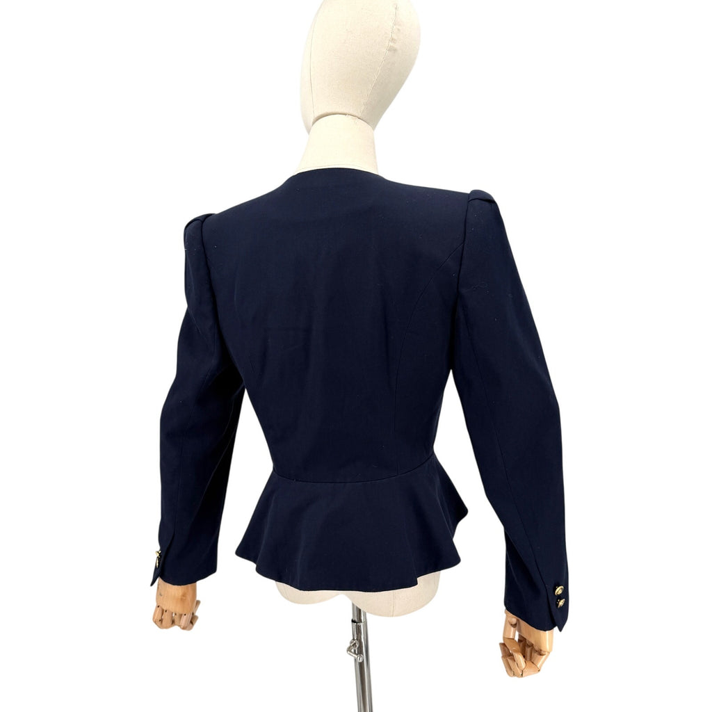 Vintage 80s Sassoon Navy Blue Puff Sleeve Peplum Fitted Blazer Jacket