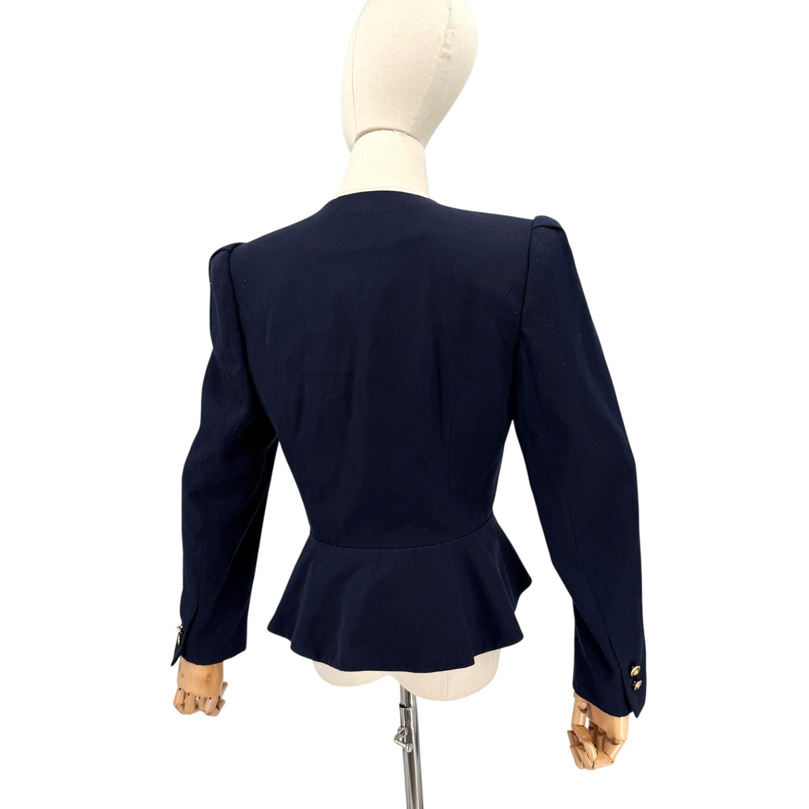 Vintage 80s Sassoon Navy Blue Puff Sleeve Peplum Fitted Blazer Jacket