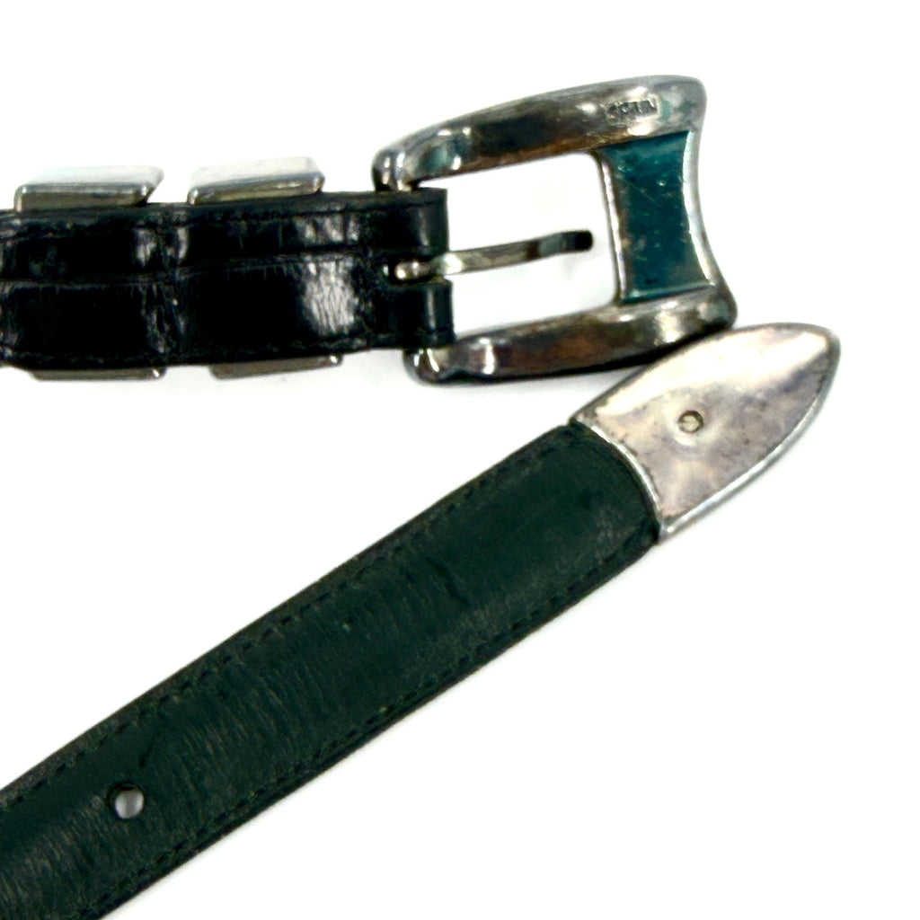 Vintage 90s Black Genuine Leather Croc Embossed Silver Tipped Belt