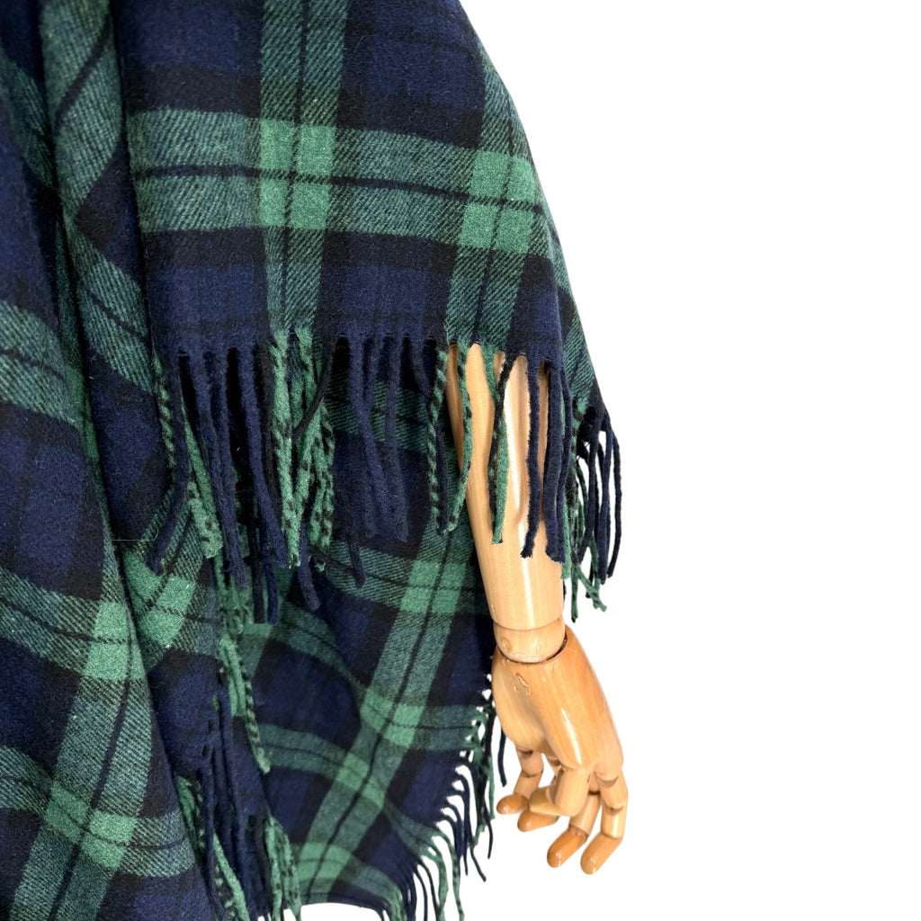 Talbots Navy Green Black Watch Plaid Fringe Turtleneck Poncho
