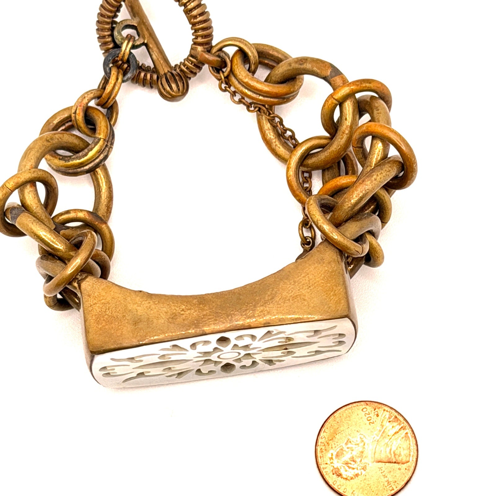 Vintage 90s Signed Stephen Dweck Gold Mother of Pearl Link Toggle Bracelet