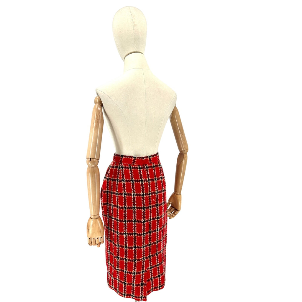 Vintage 80s Evan-Picone Red Black Plaid 100% Wool Academia Pencil Skirt