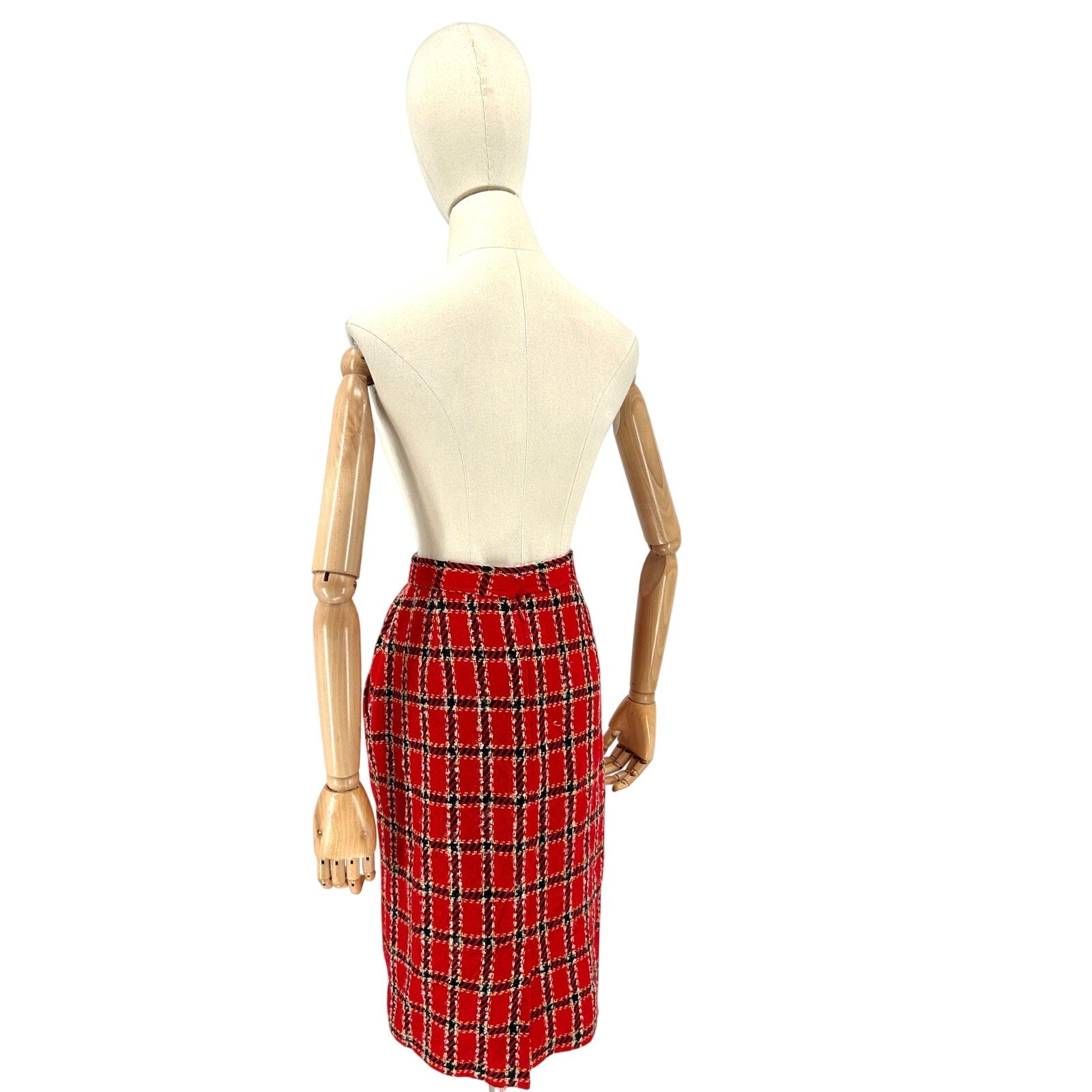 Vintage 80s Evan-Picone Red Black Plaid 100% Wool Academia Pencil Skirt