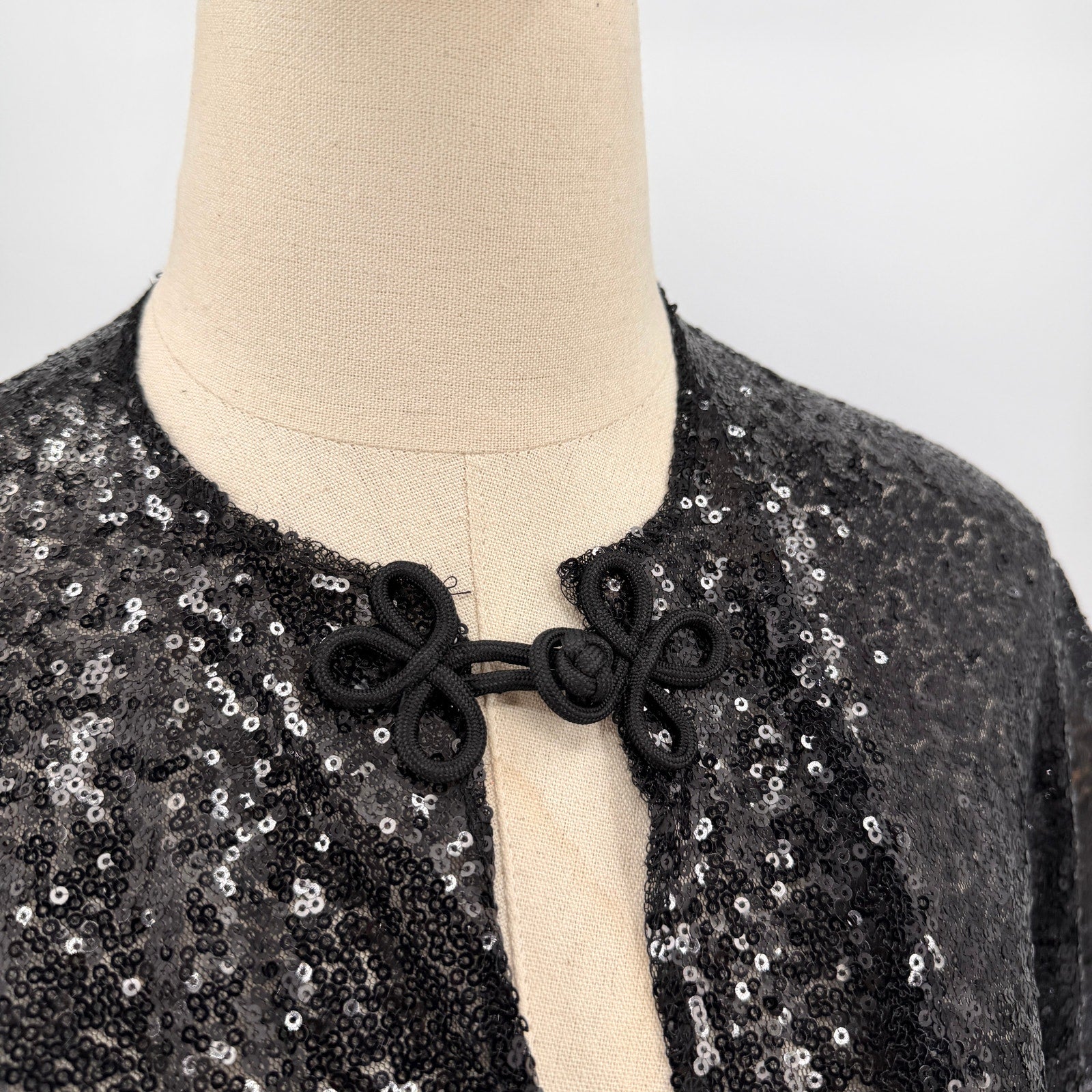 Black Sheer Sequin Evening Capelet Cloak With Frog Closure