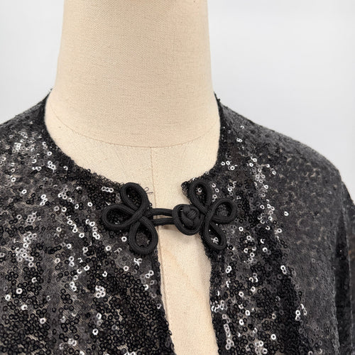 Black Sheer Sequin Evening Capelet Cloak With Frog Closure