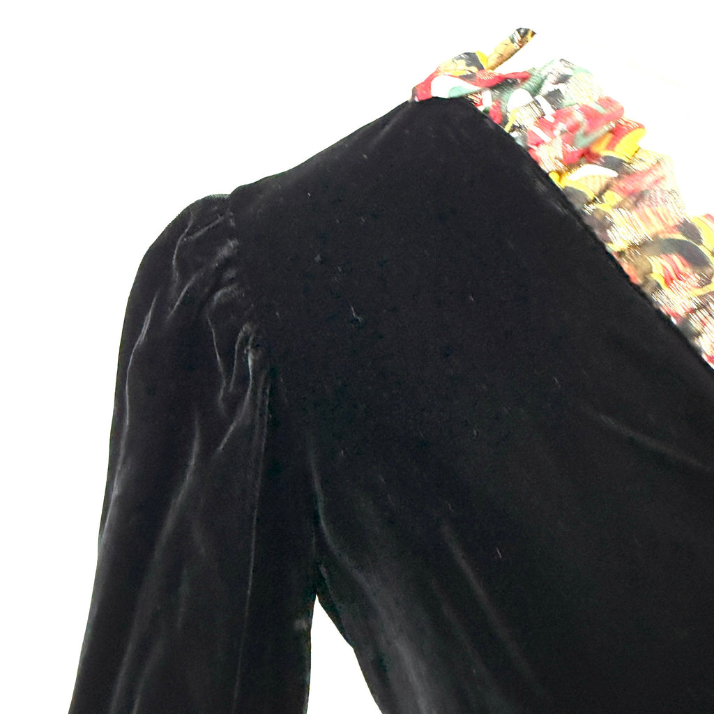 Vintage 70s Black Velvet Psychedelic Gold Empire Waist Evening Gown