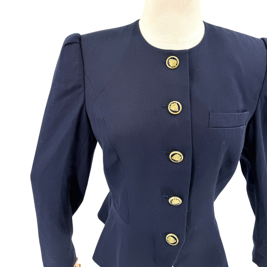 Vintage 80s Sassoon Navy Blue Puff Sleeve Peplum Fitted Blazer Jacket