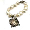 Vintage 90s Cream Sterling Silver Stamped Baroque Pearl Ornate Charm Bracelet