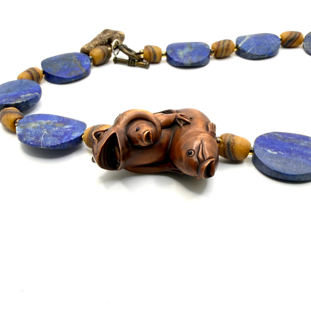 Vintage 90s Lapis Lazuli Wood Hand Carved Frog Fish Netsuke Necklace
