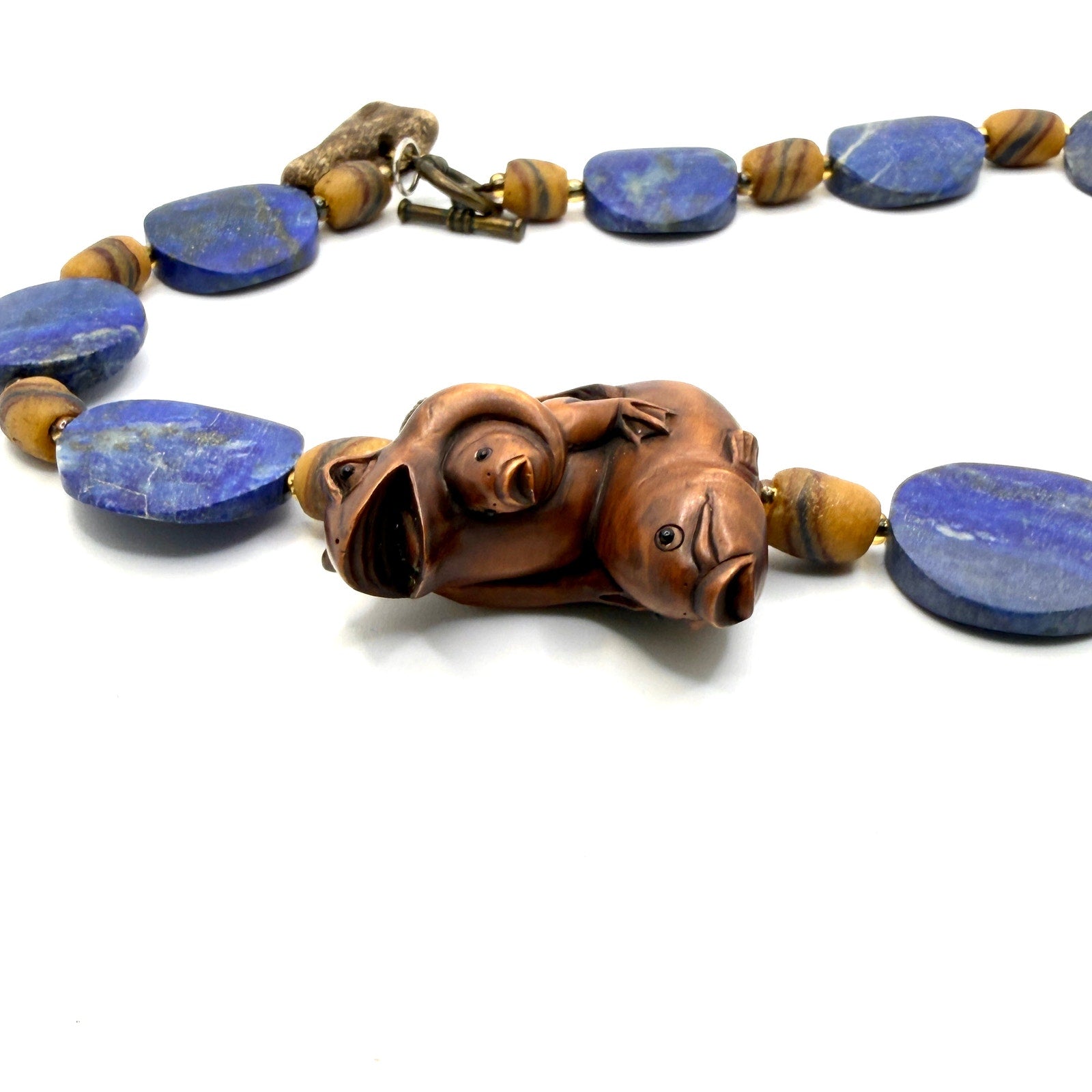 Vintage 90s Lapis Lazuli Wood Hand Carved Frog Fish Netsuke Necklace