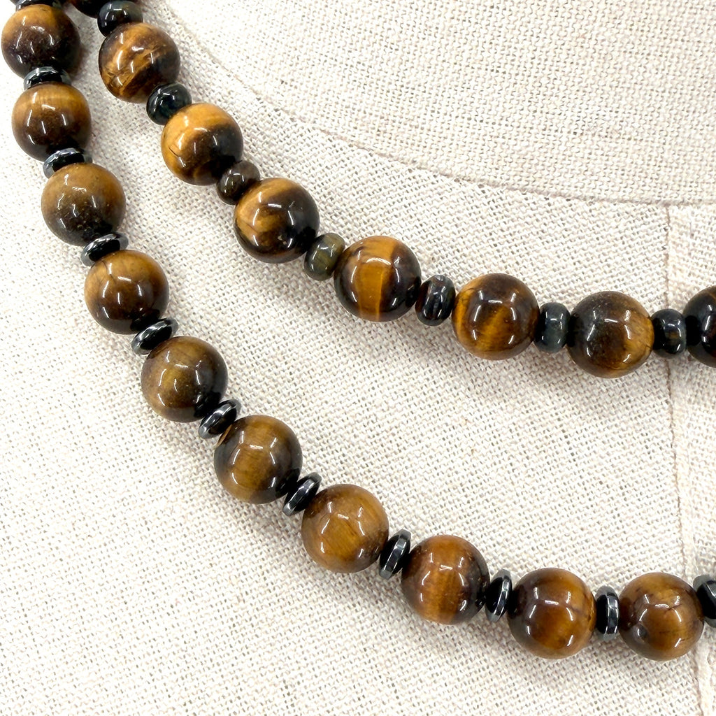 Vintage 90s Tiger's Eye Hematite Double Strand Toggle Statement Necklace