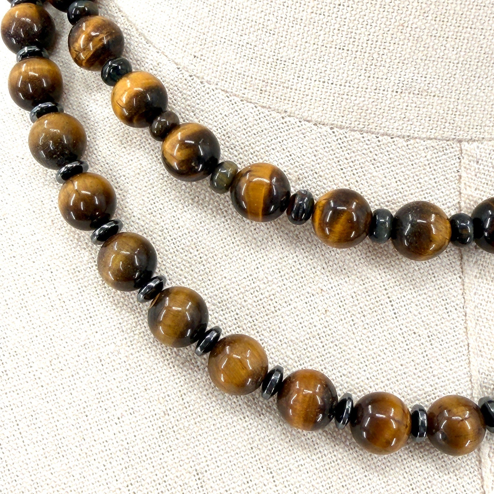 Vintage 90s Tiger's Eye Hematite Double Strand Toggle Statement Necklace