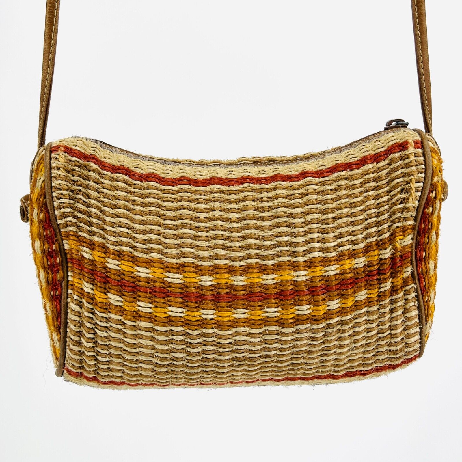 Vintage 80s Multicolor Woven Straw Genuine Leather Bow Crossbody Bag