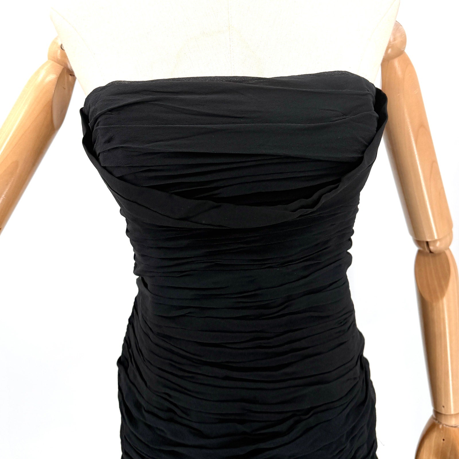 Vintage 90s Rickie Freeman Teri Jon Black 100% Silk Ruched Strapless Midi Dress