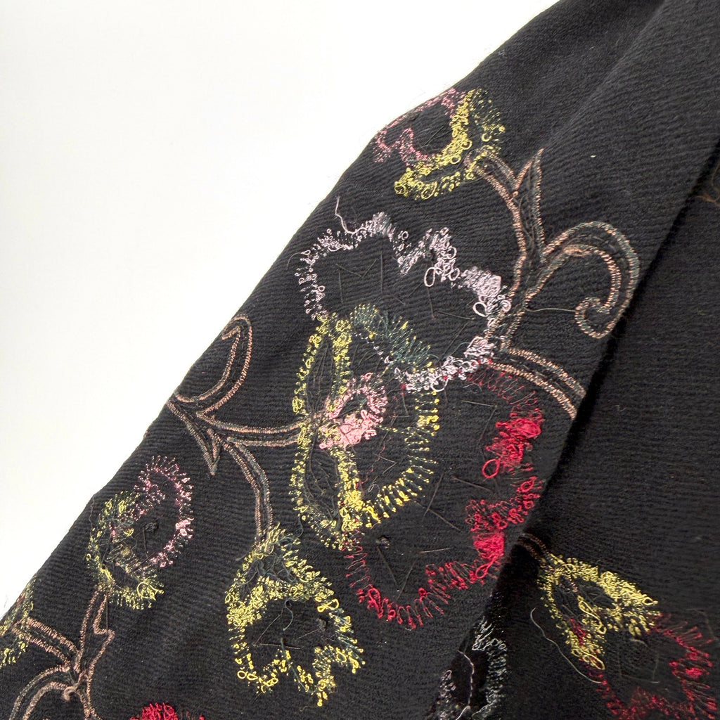 Vintage 90s Malabar Grove Black 100% Wool Velvet Applique Beaded Fringe Shawl