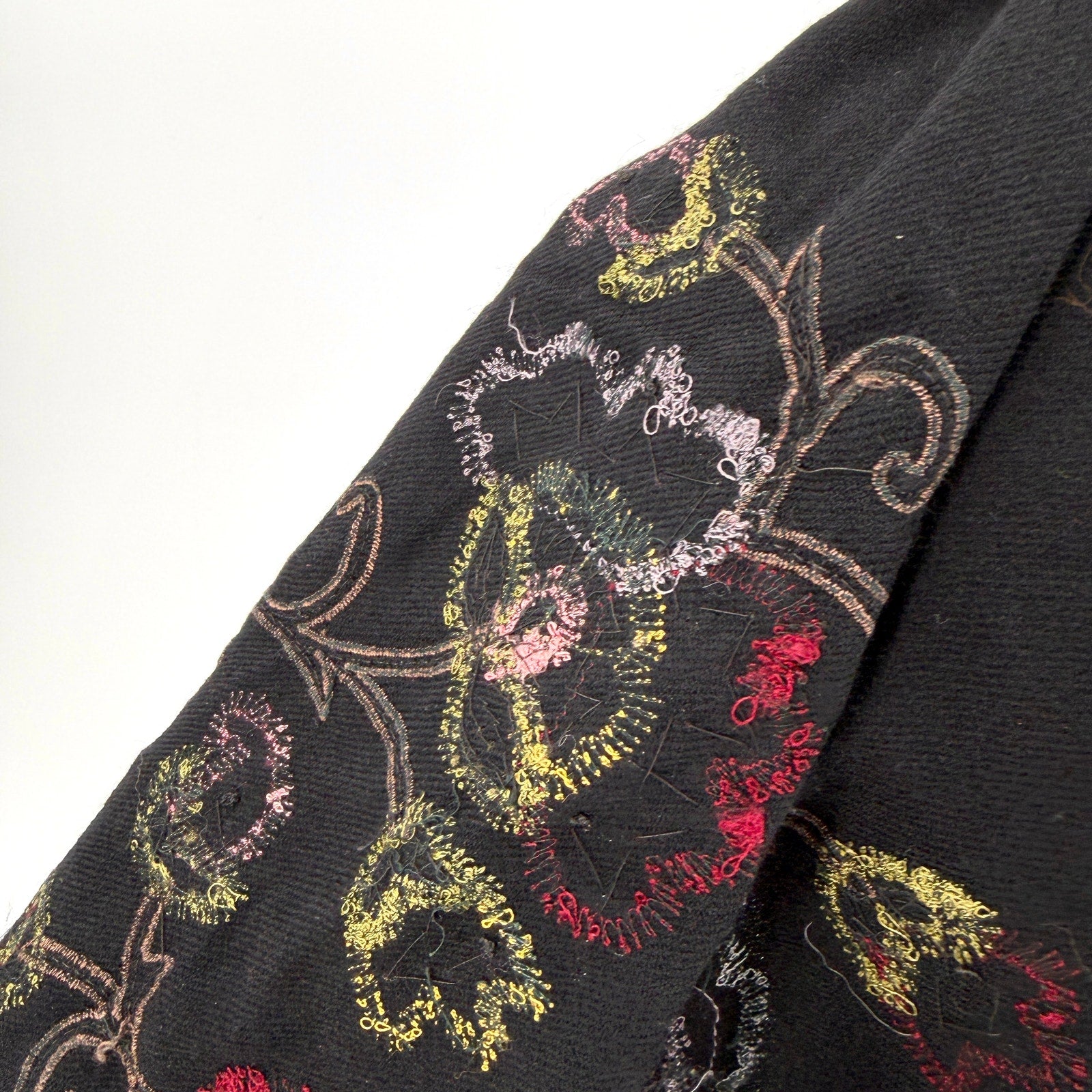 Vintage 90s Malabar Grove Black 100% Wool Velvet Applique Beaded Fringe Shawl
