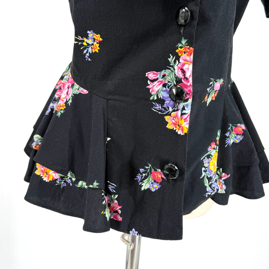 Vintage 80s Lady Carol Black 100% Cotton Floral Peplum Puff Sleeve Jacket