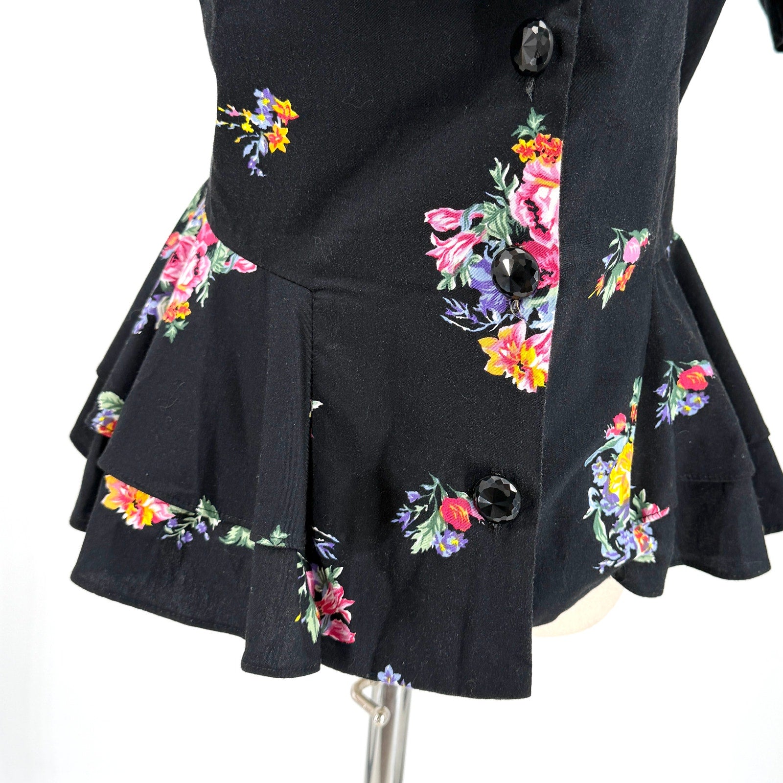 Vintage 80s Lady Carol Black 100% Cotton Floral Peplum Puff Sleeve Jacket