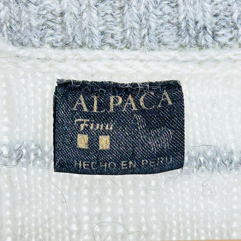 Vintage 90s White Grey Alpaca Striped Full Zip Mock Neck Sweater Jacket