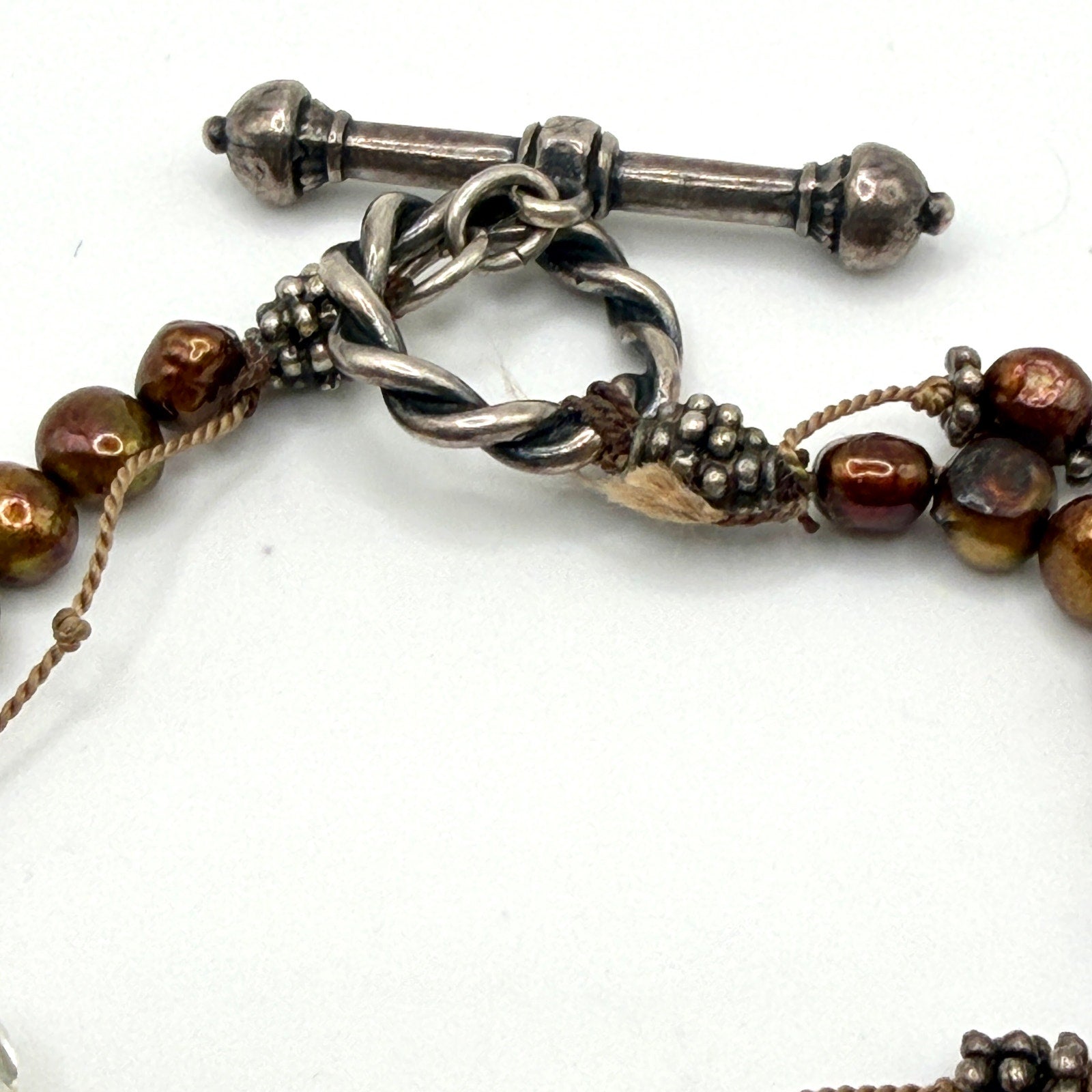 Vintage 90s Sterling Silver Bronze Freshwater Pearl Quartz Toggle Bracelet