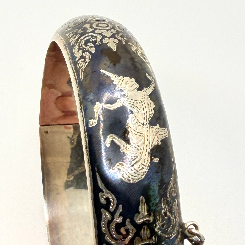 Vintage 50s Stamped Siam Sterling Silver Blue Niello Hinged Bangle