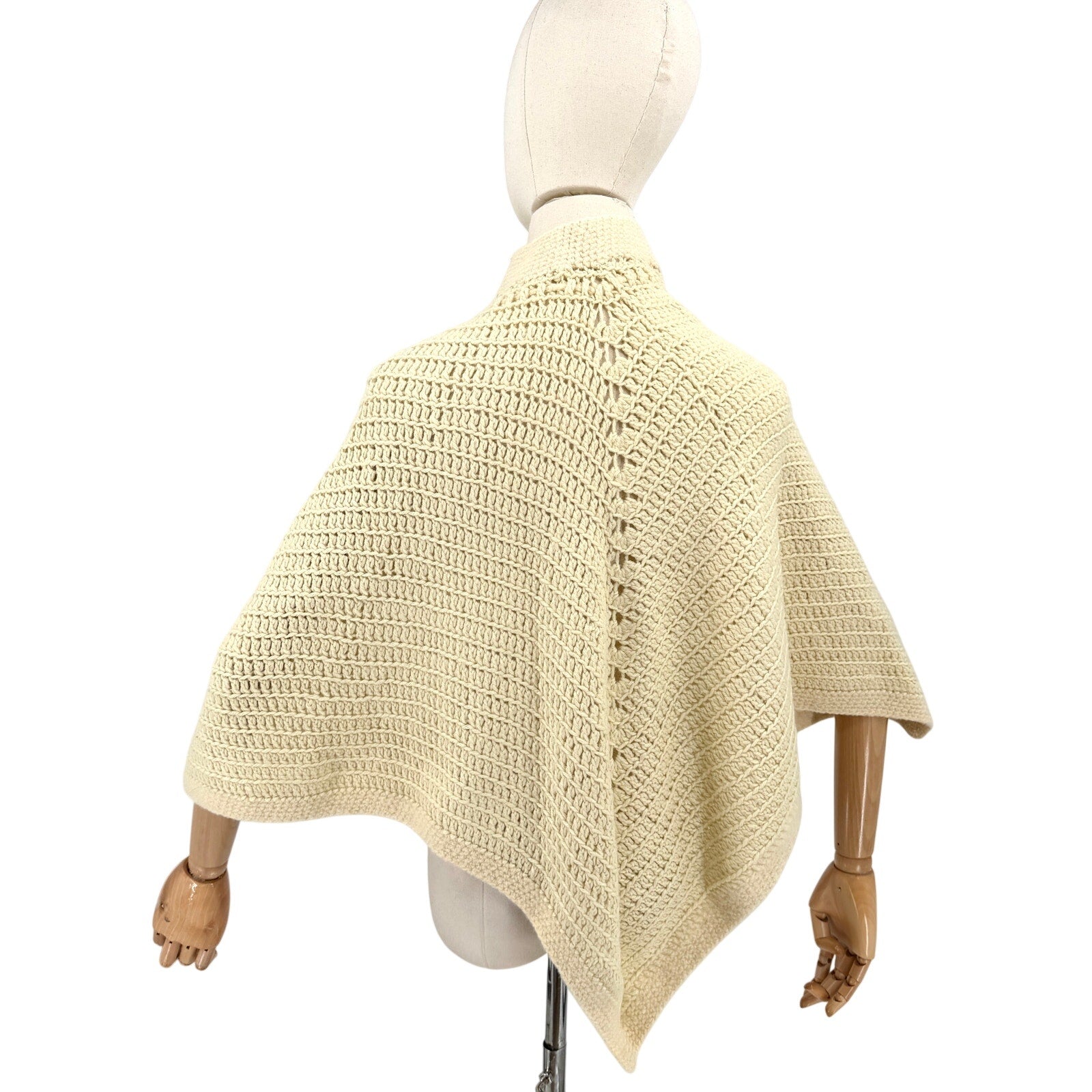 Vintage 70s Cream Hand Crocheted High Neck Tie Poncho