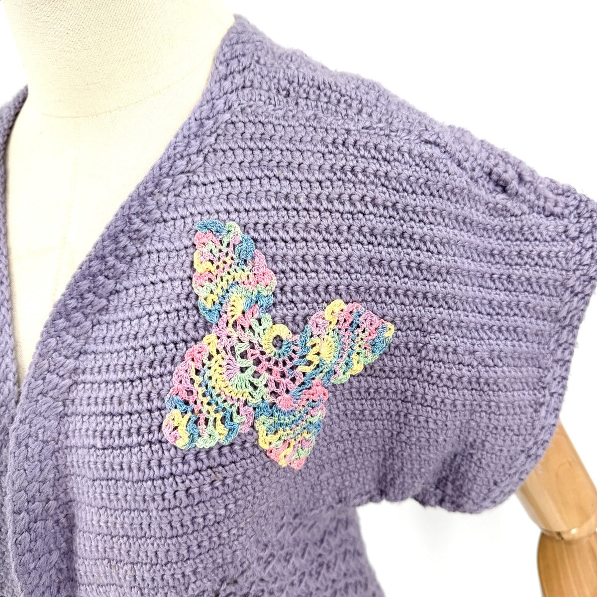 Vintage 70s Handmade Purple Crochet Lace Butterfly Applique Cardigan
