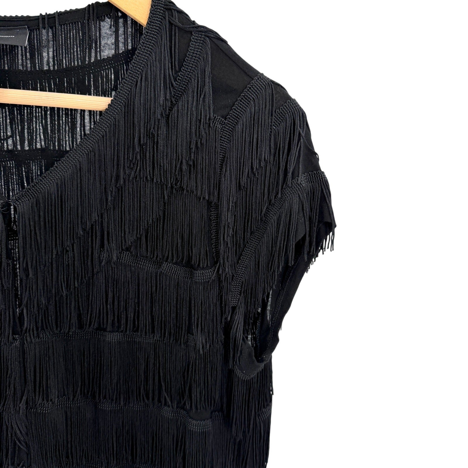 Vintage Y2K INC Black Flapper Tiered Fringe Hook Front Cardigan Top