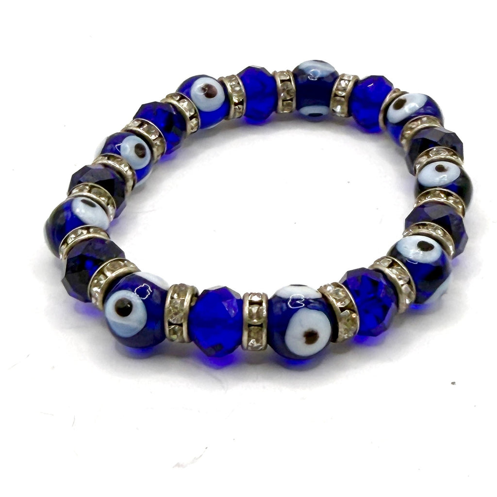 Cobalt Blue Glass Rhinestone Evil Eye Protection Stretch Bracelet