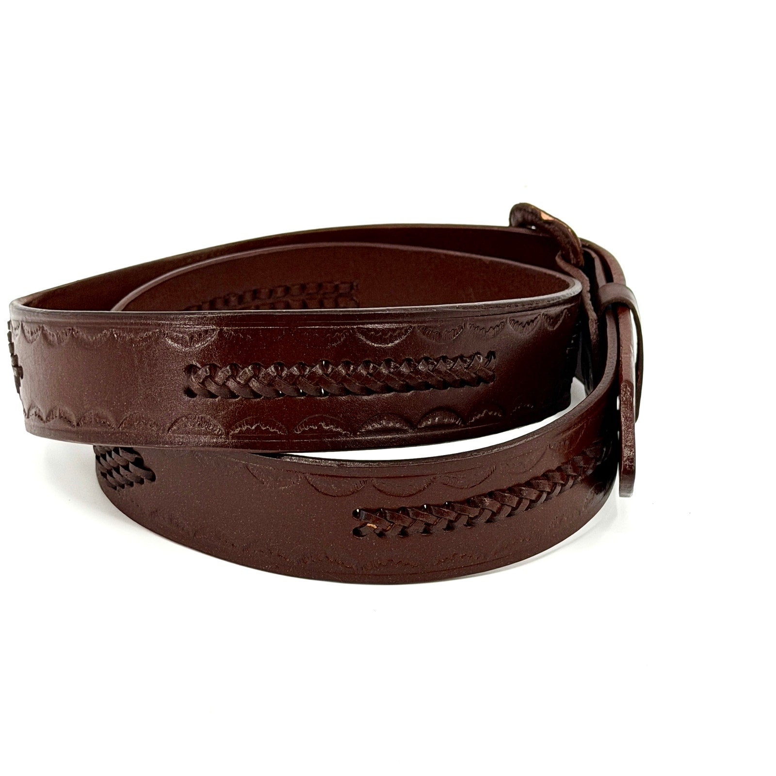 Vintage 80s Brown Genuine Leather Tooled Basketweave Western Belt