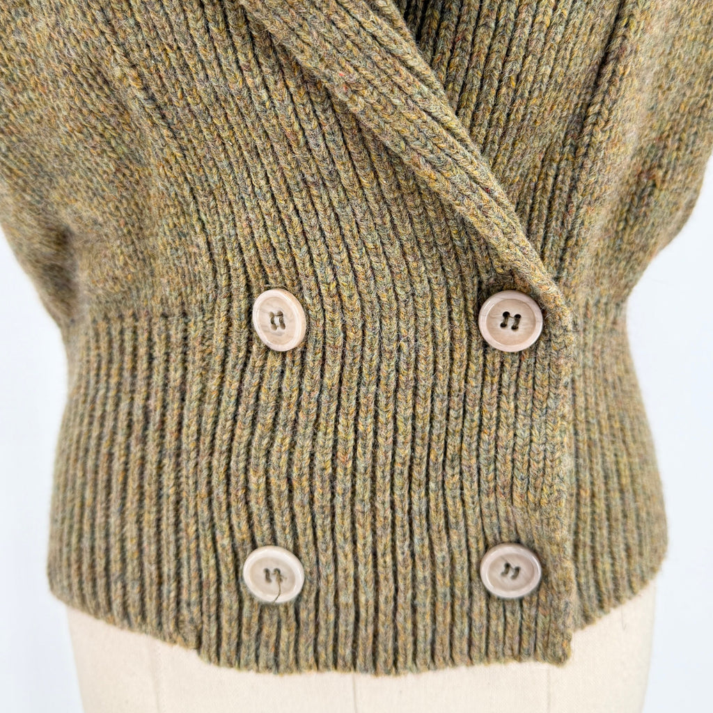 Vintage 60s Olive Green 100% Wool Puff Sleeve Shawl Cardigan Sweater