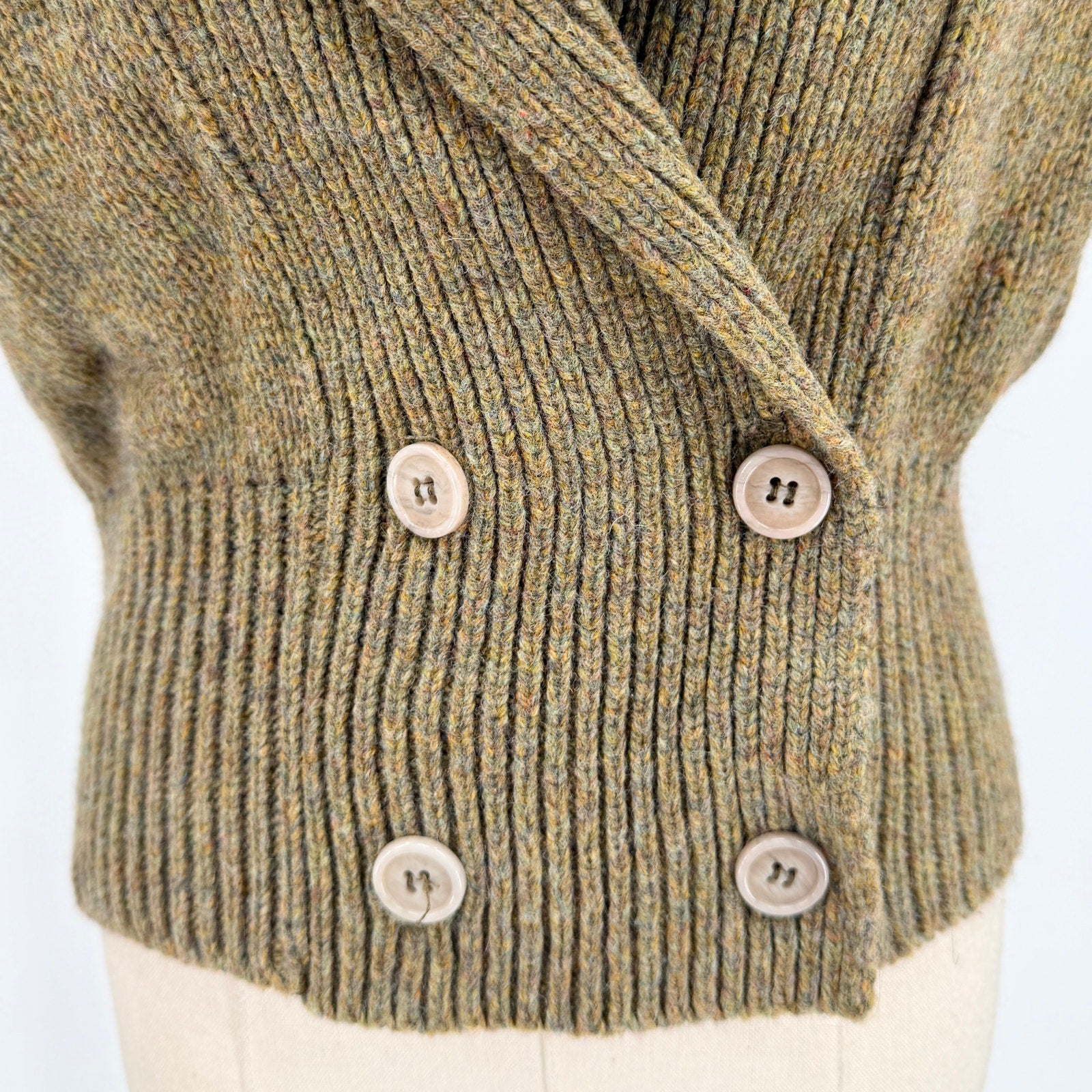 Vintage 60s Olive Green 100% Wool Puff Sleeve Shawl Cardigan Sweater