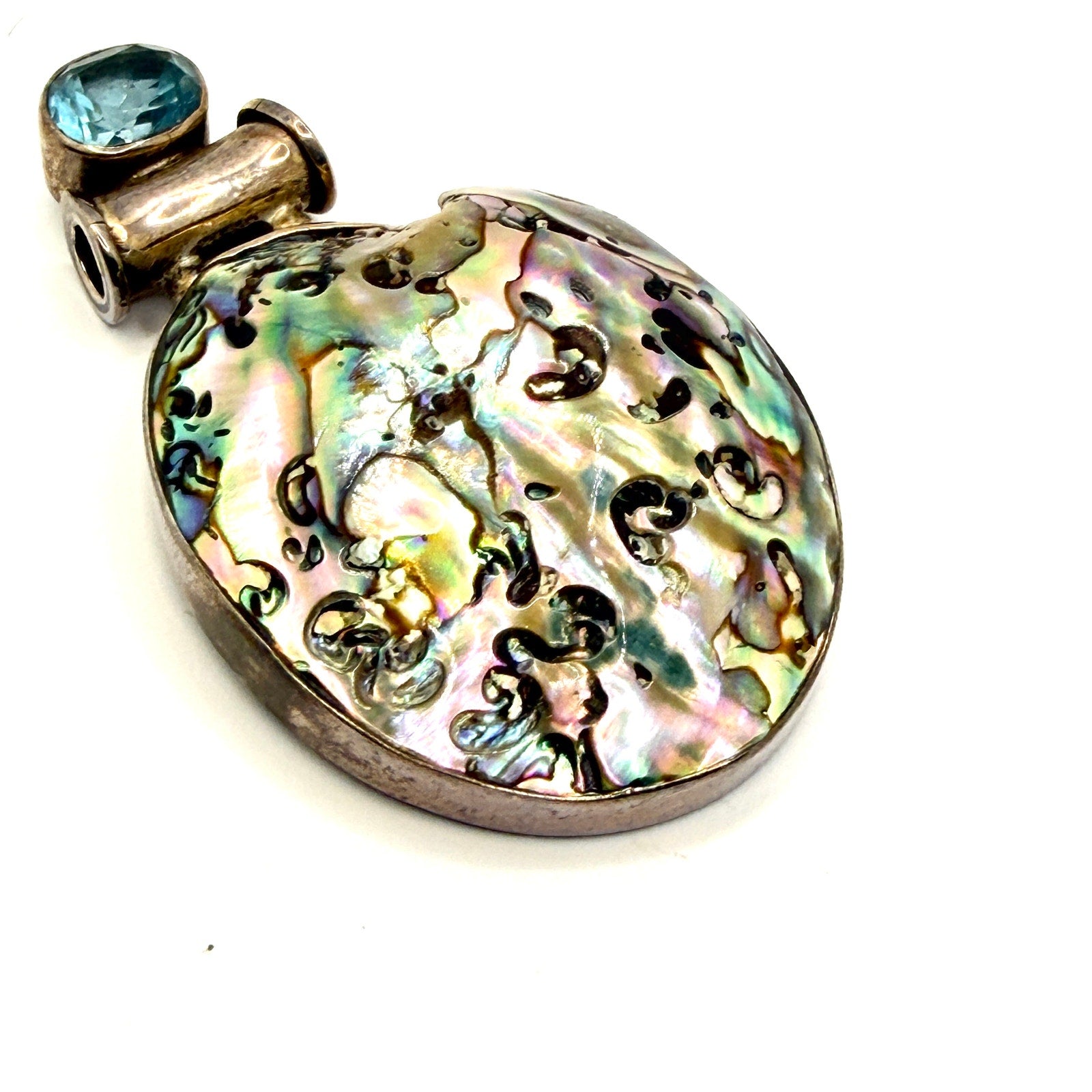 Vintage 90s Blue Topaz Sterling Silver Abalone Shell Statement Pendant