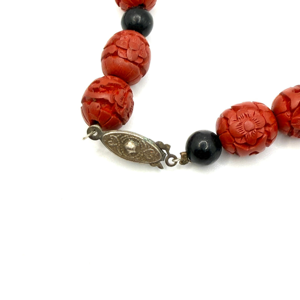 Vintage 90s Red Cinnabar Carved Camel Cloisonne Beaded Statement Necklace