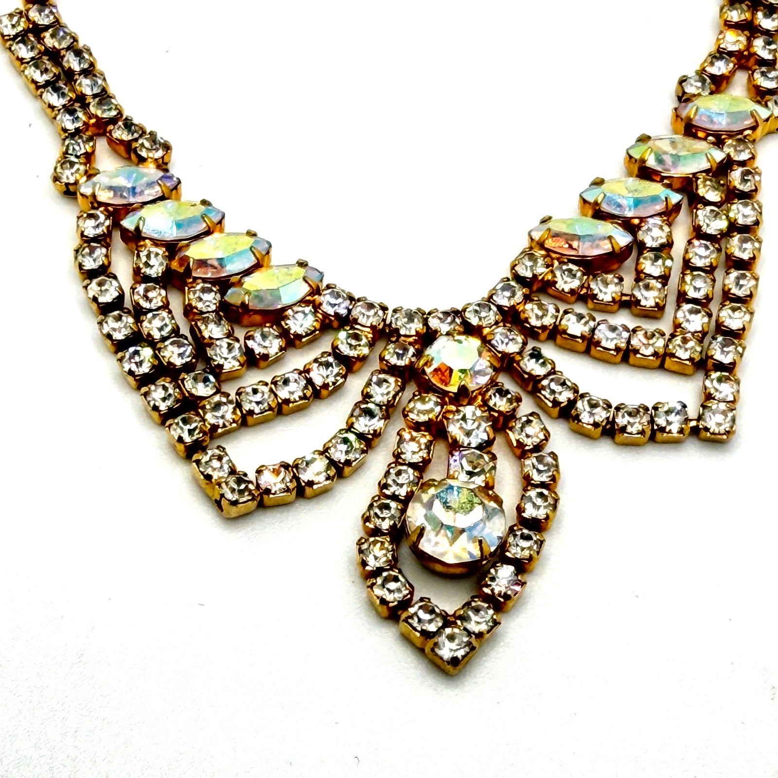 Vintage 50s Aurora Borealis Rhinestone Gold Tone Bib Necklace Earring Set