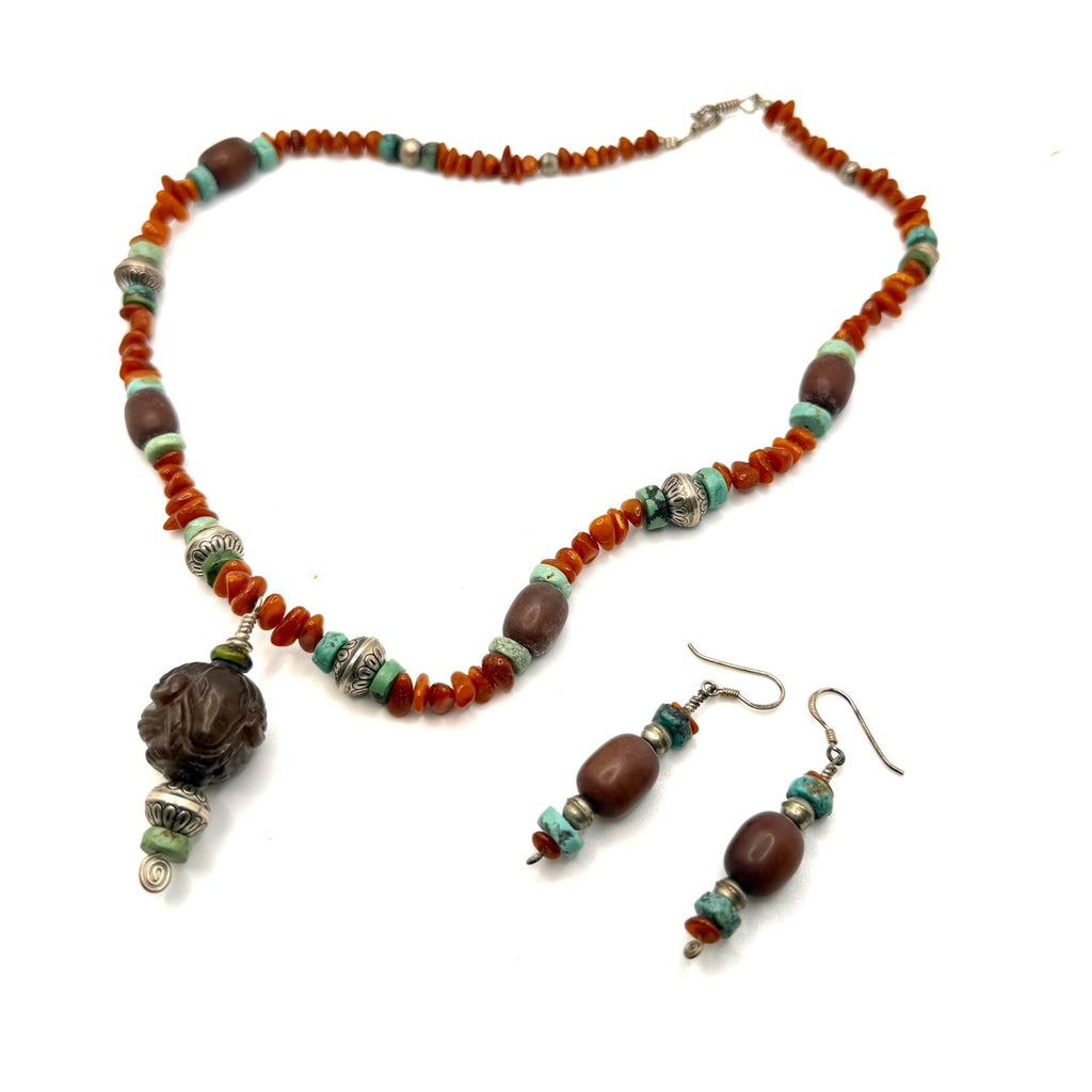 Vintage 90s Artisanal Carved Ram Turquoise Carnelian Beaded Necklace Earring Set