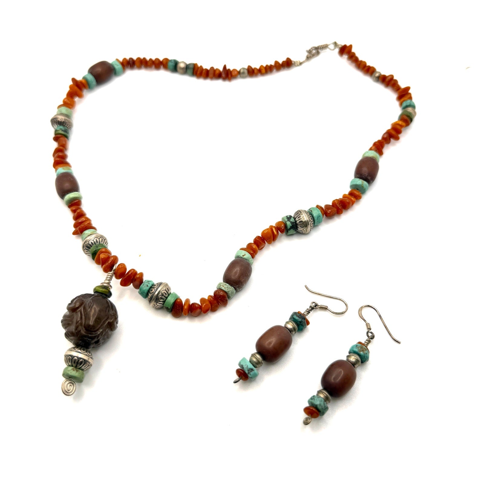 Vintage 90s Artisanal Carved Ram Turquoise Carnelian Beaded Necklace Earring Set