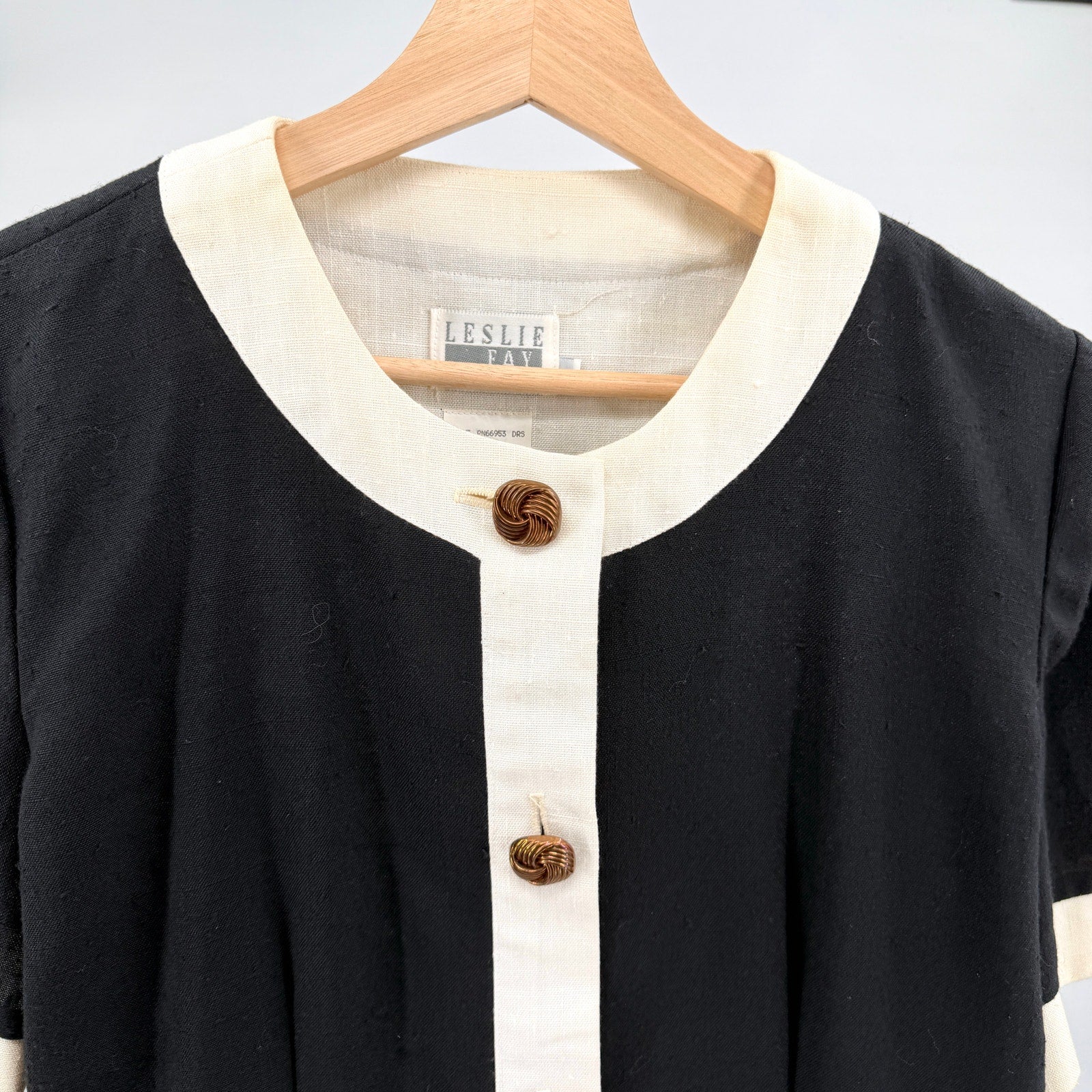 Vintage 80s Leslie Fay Black White Mod Linen Look Button Front Dress