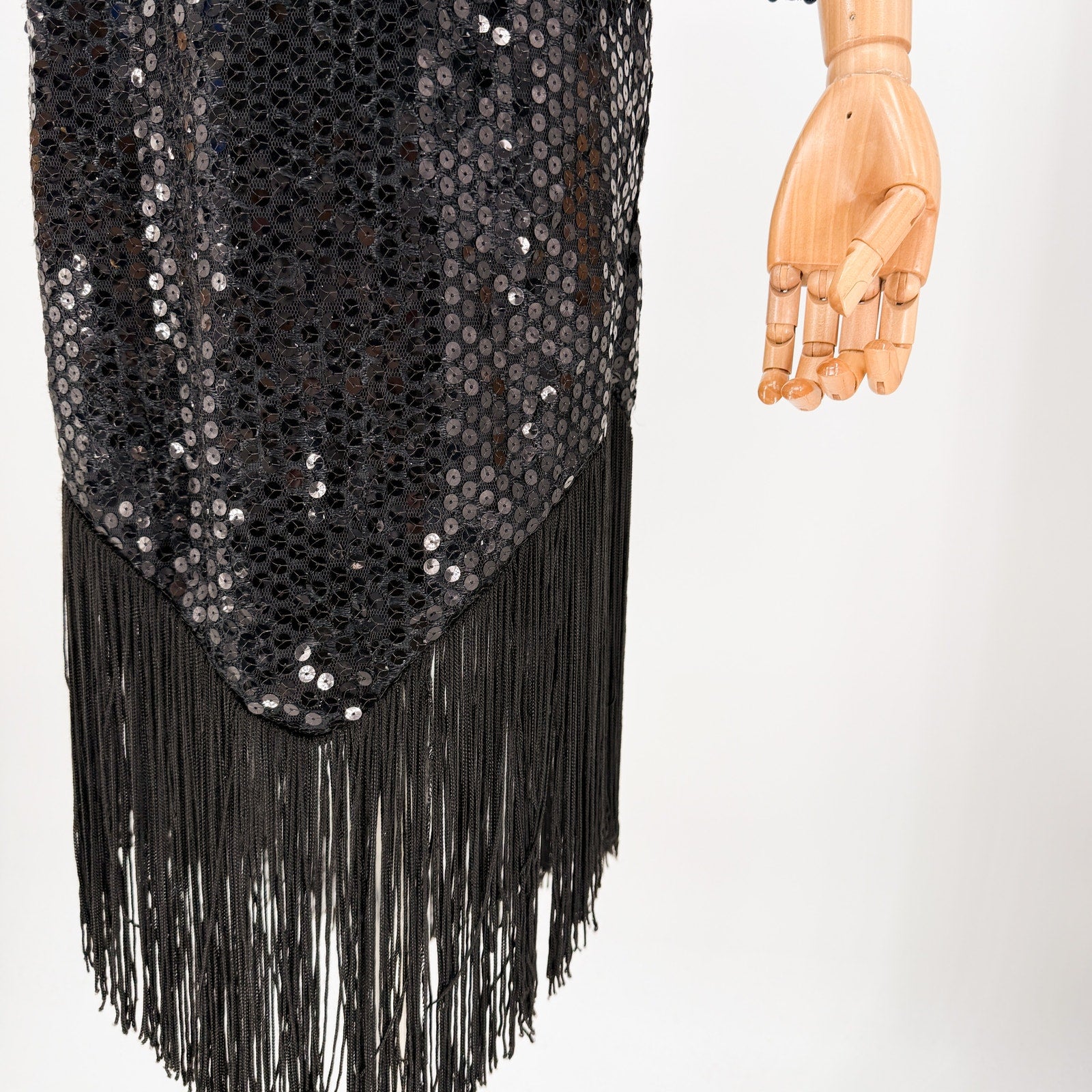 Vintage 80s Dave & Johnny Joseph Lara White Black Sequin Fringe Dress