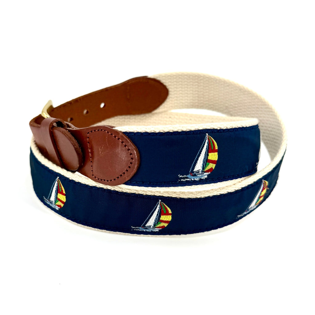 Leather Man Ltd Navy Tan Preppy Sailboat Belt