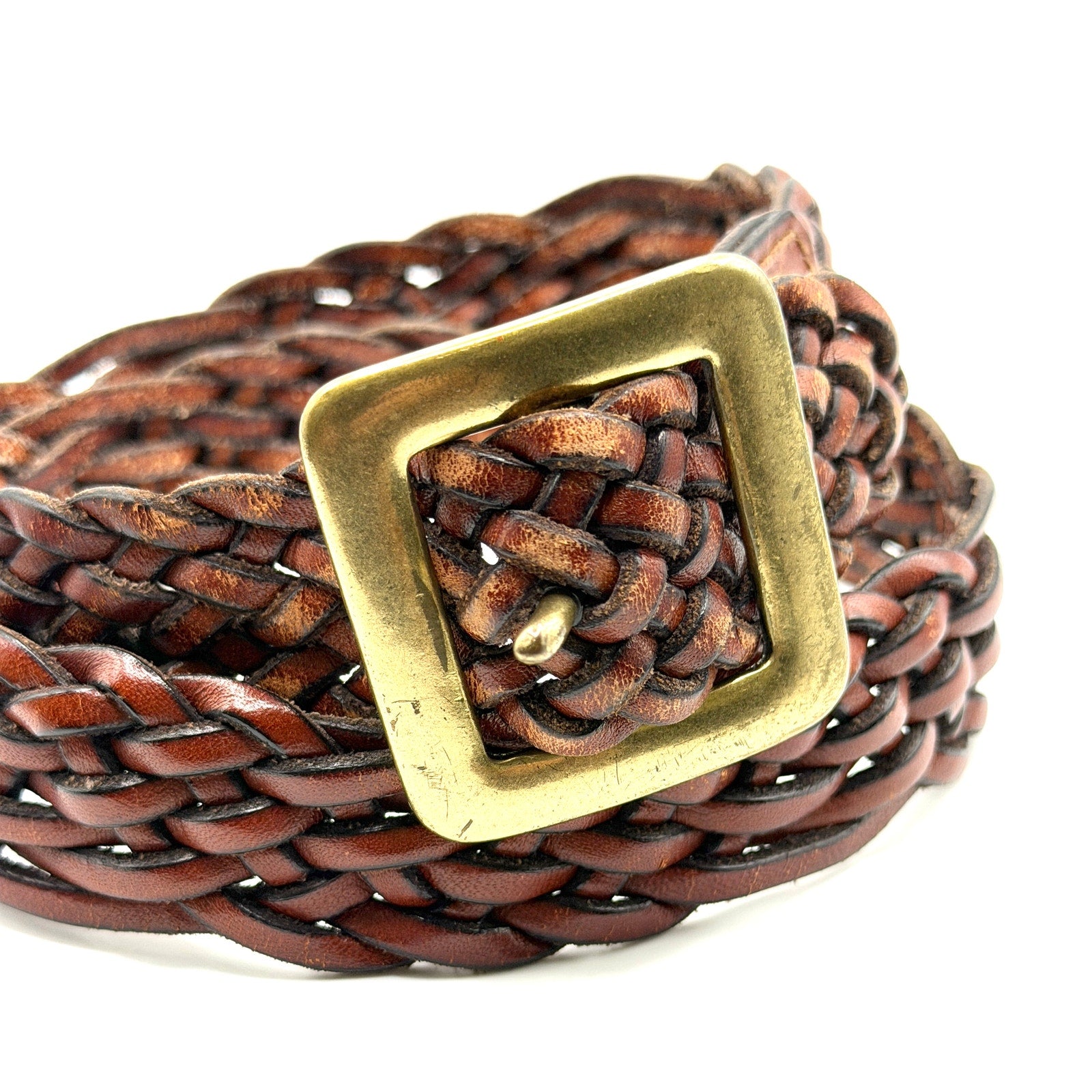 Vintage 90s Talbots Brown Genuine Leather Woven Brass Buckle Belt