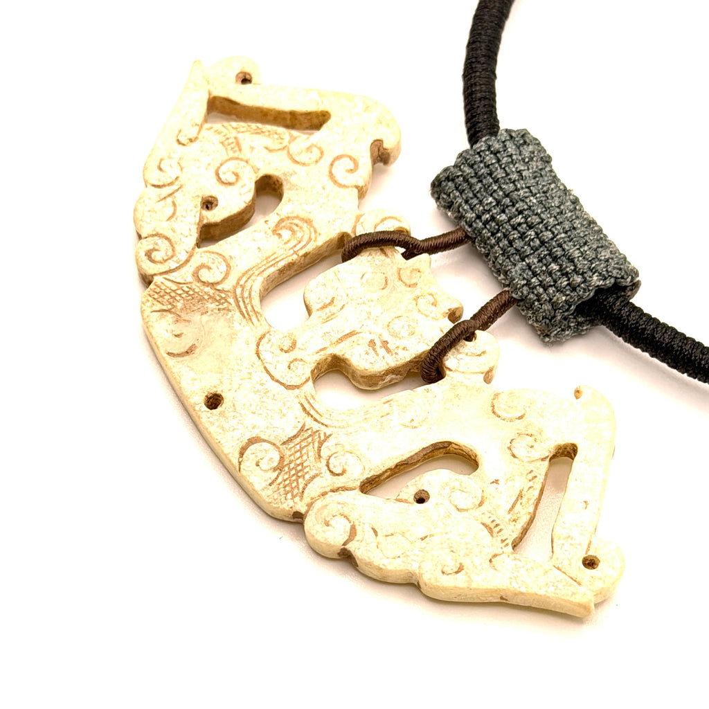 Hand Carved Cream Stone Chinese Dragon Huang Necklace