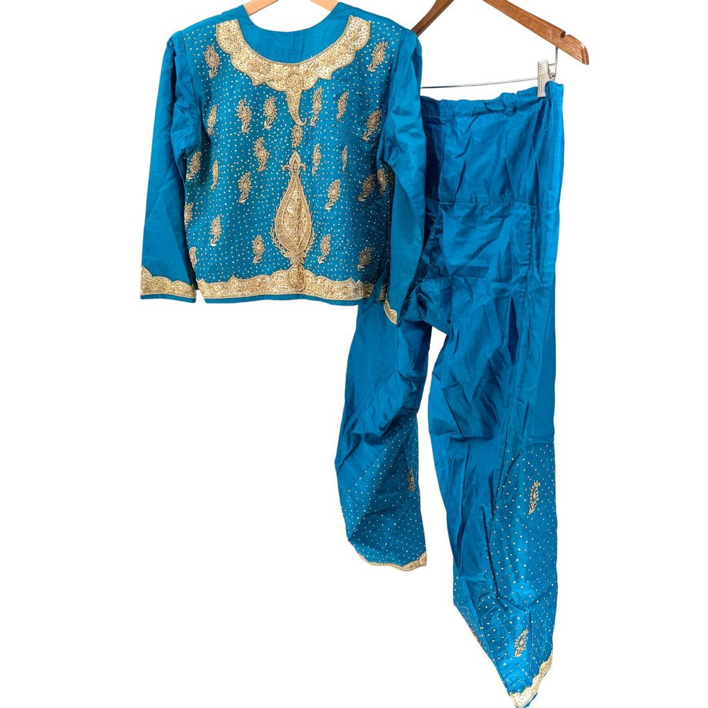 Handmade Blue Ornate Gold Embroidered Sequin Indian Salwar Kameez Suit Set