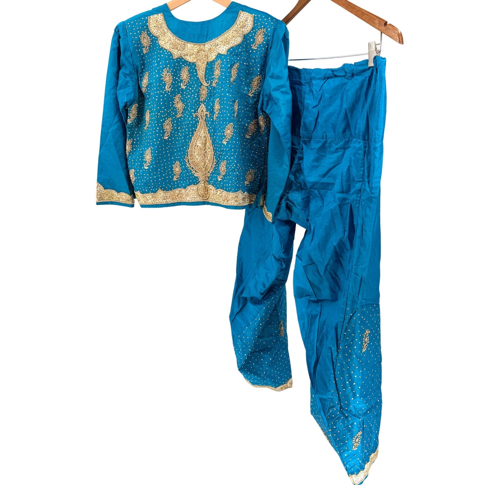 Handmade Blue Ornate Gold Embroidered Sequin Indian Salwar Kameez Suit Set