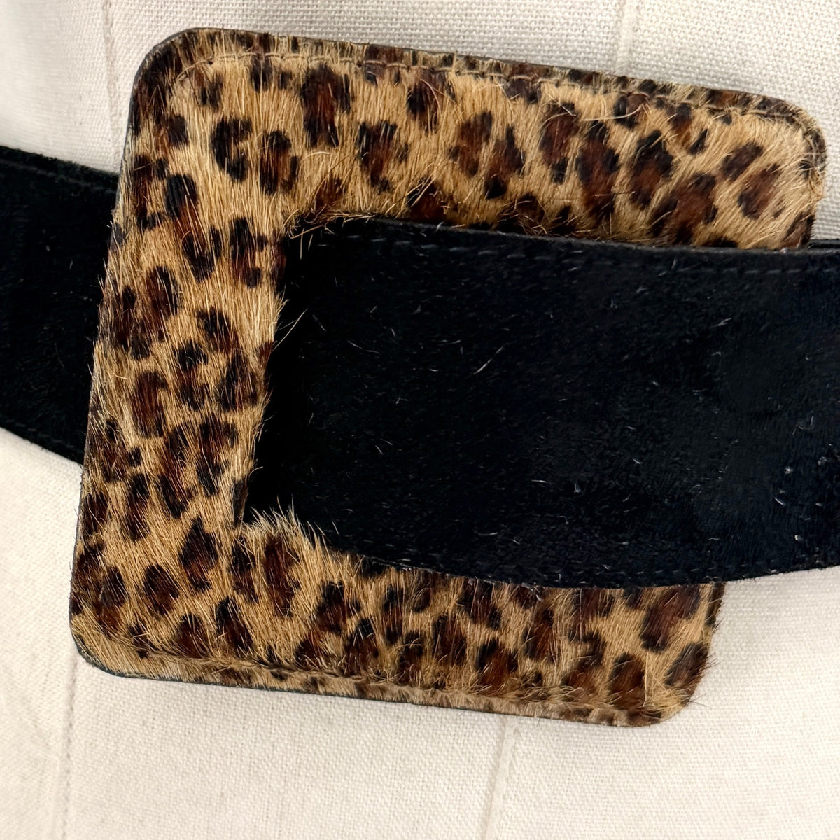 Vintage 90s Black Genuine Suede Oversized Leopard Buckle Belt