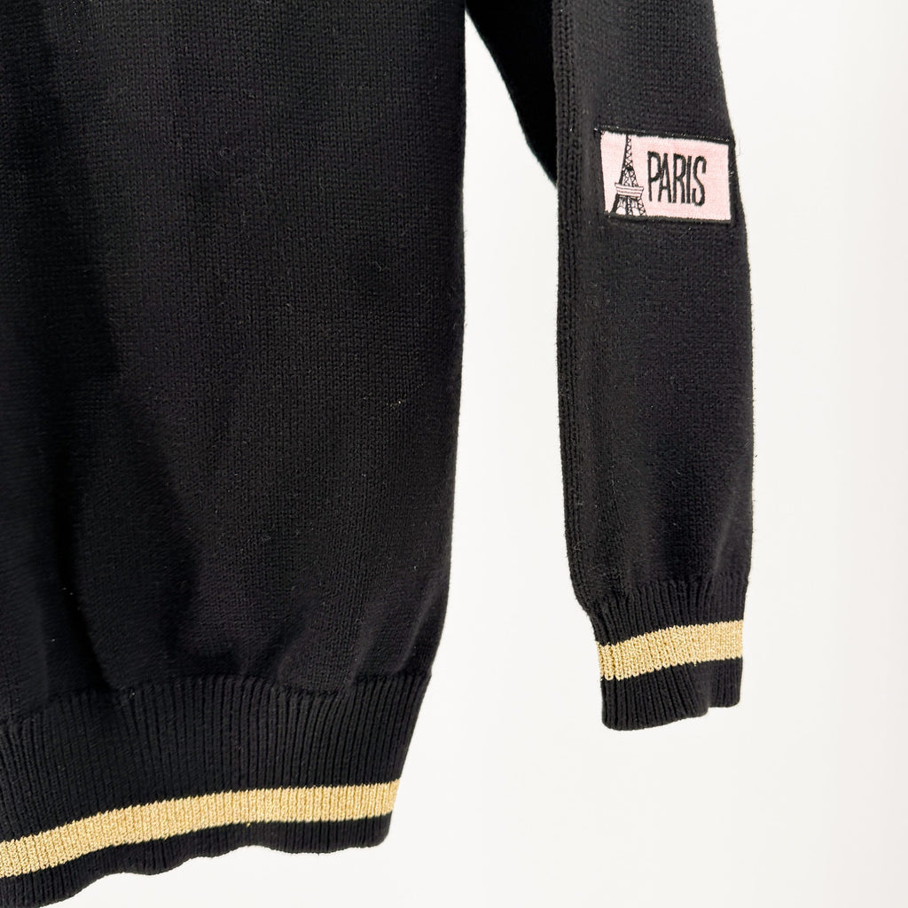 Vintage 80s Kinei Black Knit Travel Patch Gold Trim Varsity Cardigan Sweater