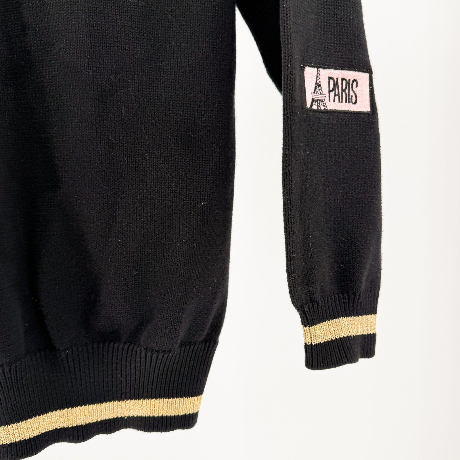 Vintage 80s Kinei Black Knit Travel Patch Gold Trim Varsity Cardigan Sweater