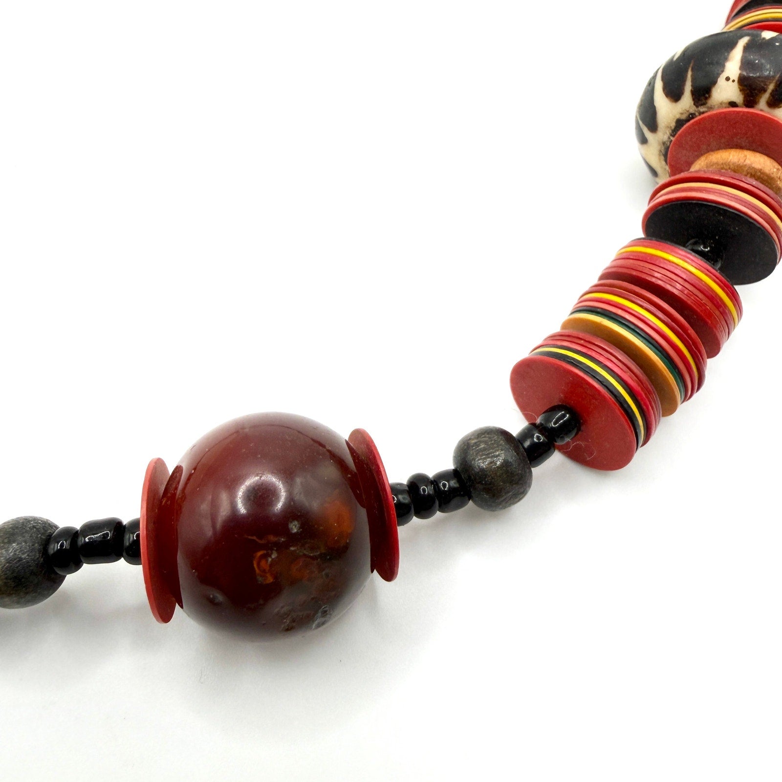 Vintage 80s African Wood Batik Bone Bead Red Multi Color Vinyl Disc Necklace
