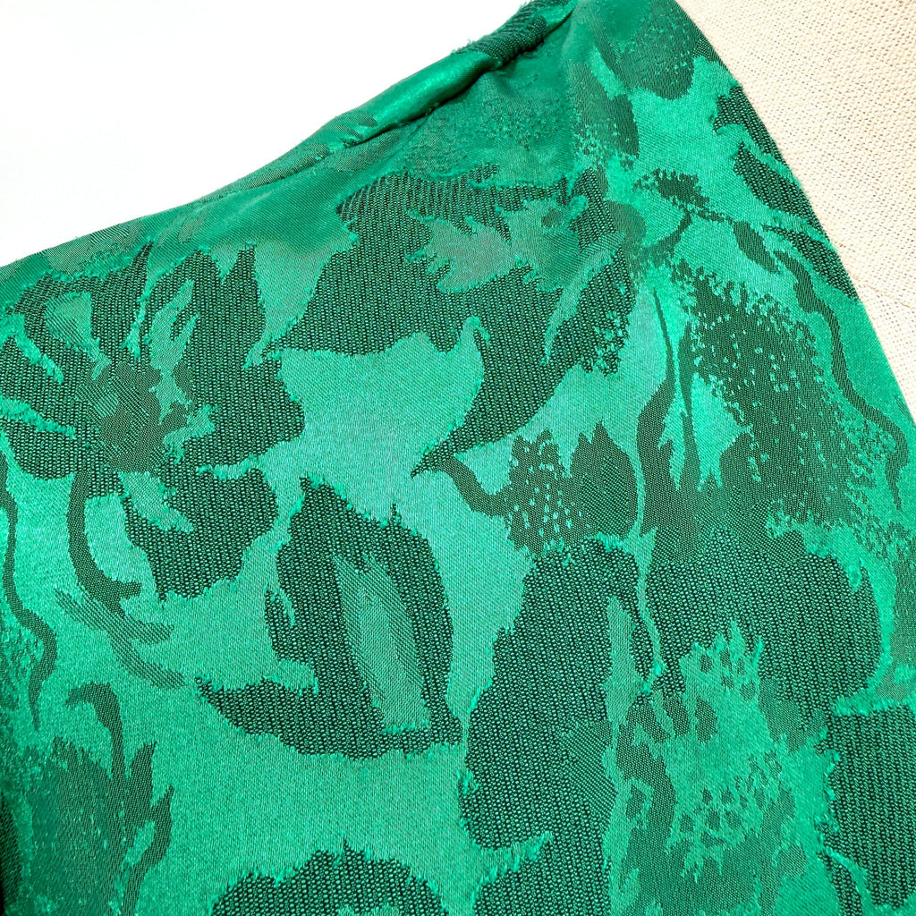 Vintage 80s Emerald Green Polyester Jacquard Drop Waist Wrap Tiered Ruffle Dress